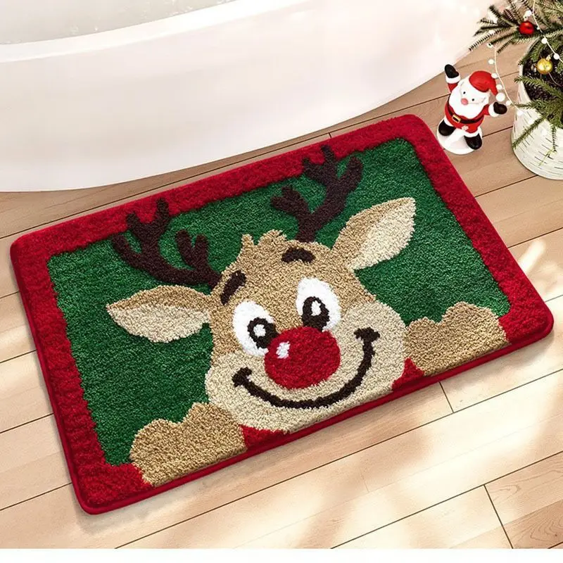 VIKAMA Christmas Reindeer Rug Cartoon Red Nose Deer Plush Mat Living Room Entryway Indoor Non Slip Washable Holiday Home Decor