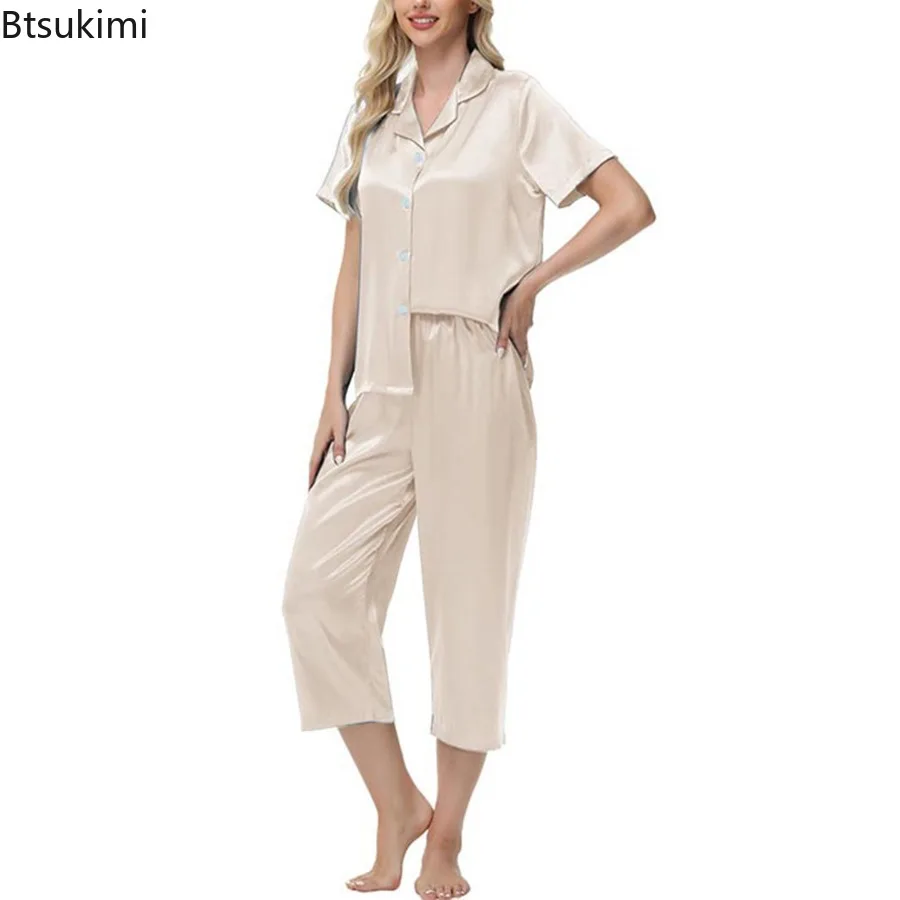 New Women Two-piece Pajama Set Elegant Ice Silk Pajama Set with Button-down Shirt Wide Trousers Homewear Casual Outfit Sleepwear