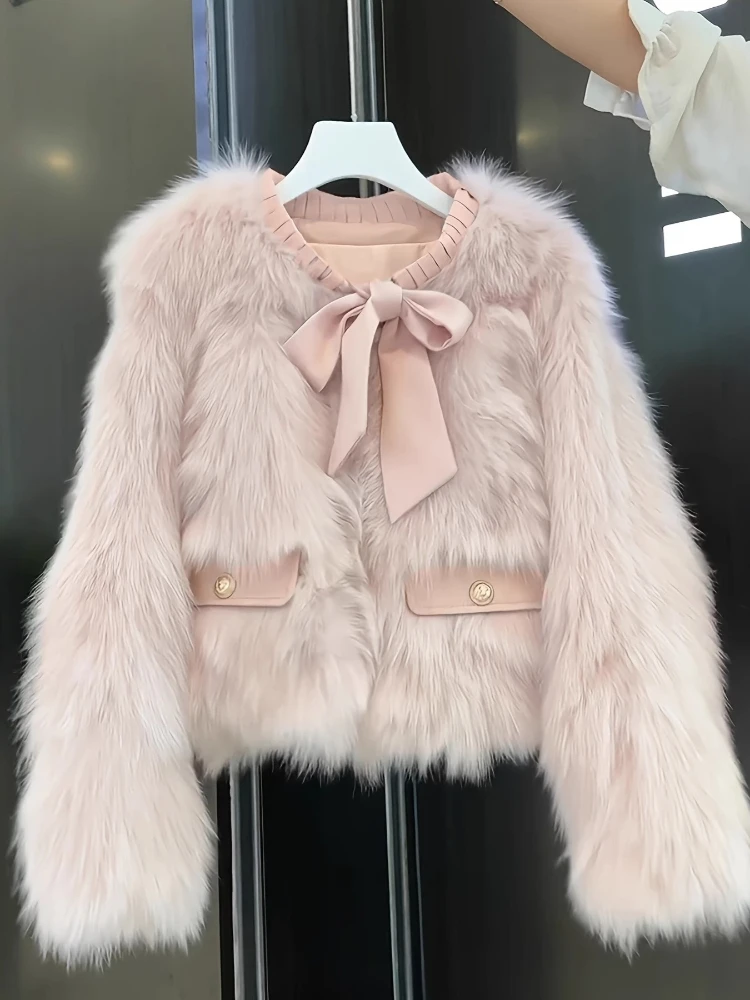 Pink Faux Fur Coat Women Fashion Elegant Bow Fluffy Jacket Winter Ladies Korean Long Sleeve Design Furry Short Outerwears New