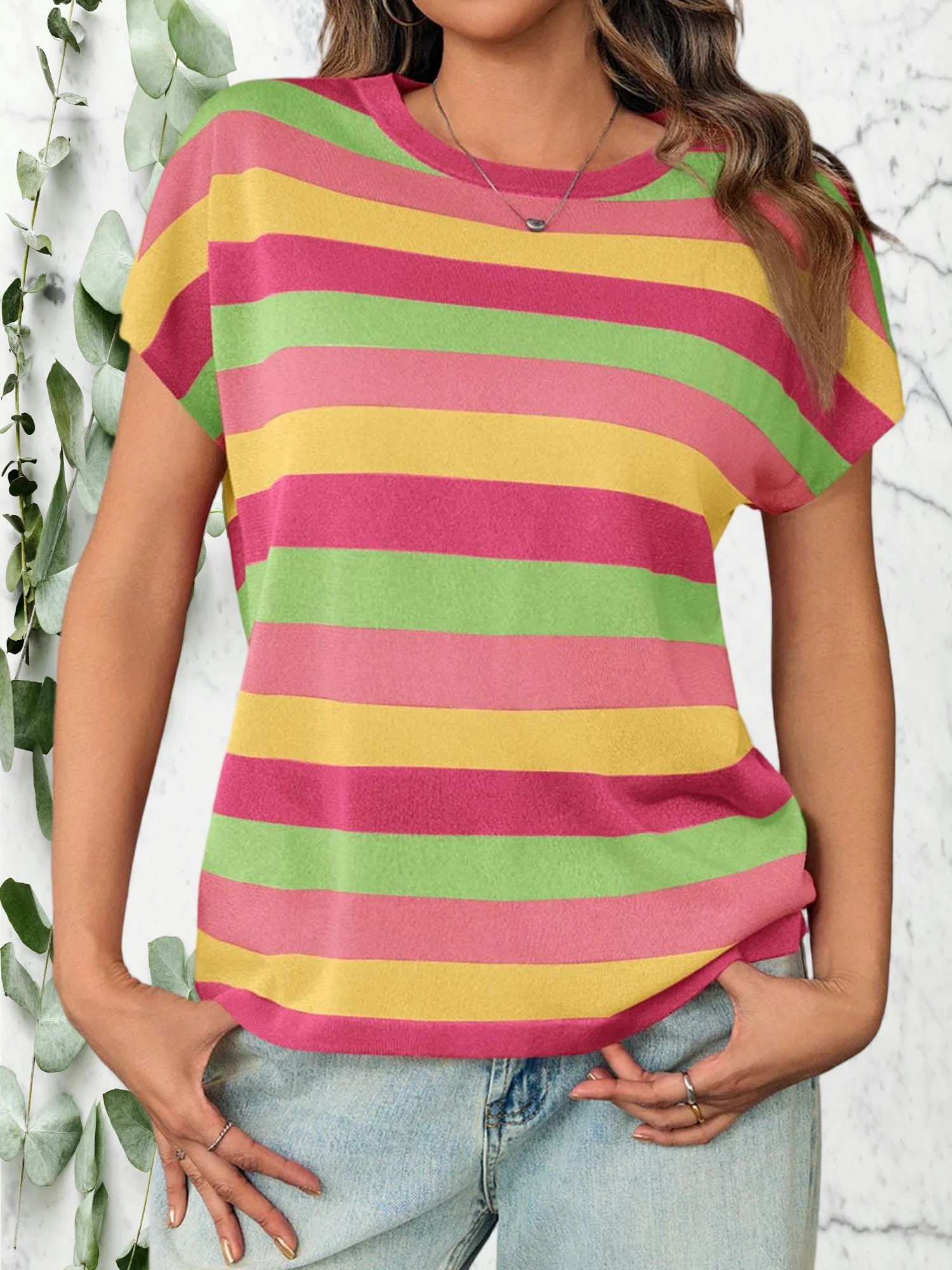 

Женский летний топ в красочную полоску с короткими рукавами — круглый вырез, цветные блоки, легкая свободная трикотажная повседневная рубашка