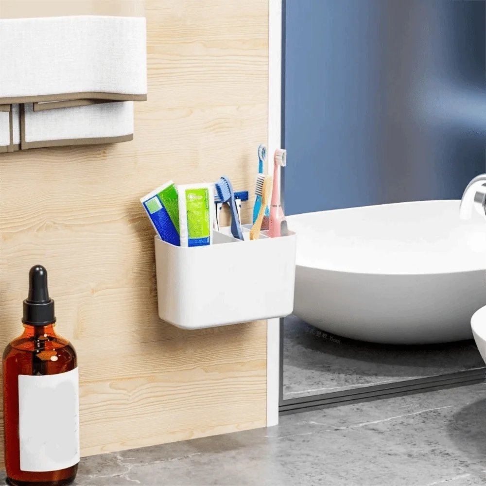 Plastic 5 Slots Toothbrush Organizer Wall Mounted Drainable Toothpaste Holder Space Saving with Divider