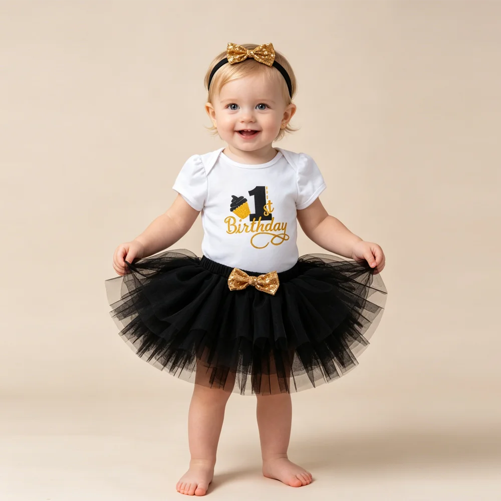Baby Girl 1st Birthday Outfit 3Pcs Pink Romper Tutu Skirt Gold Bow Headband Infant First Birthday Party Dress Cake Smash 0-24M