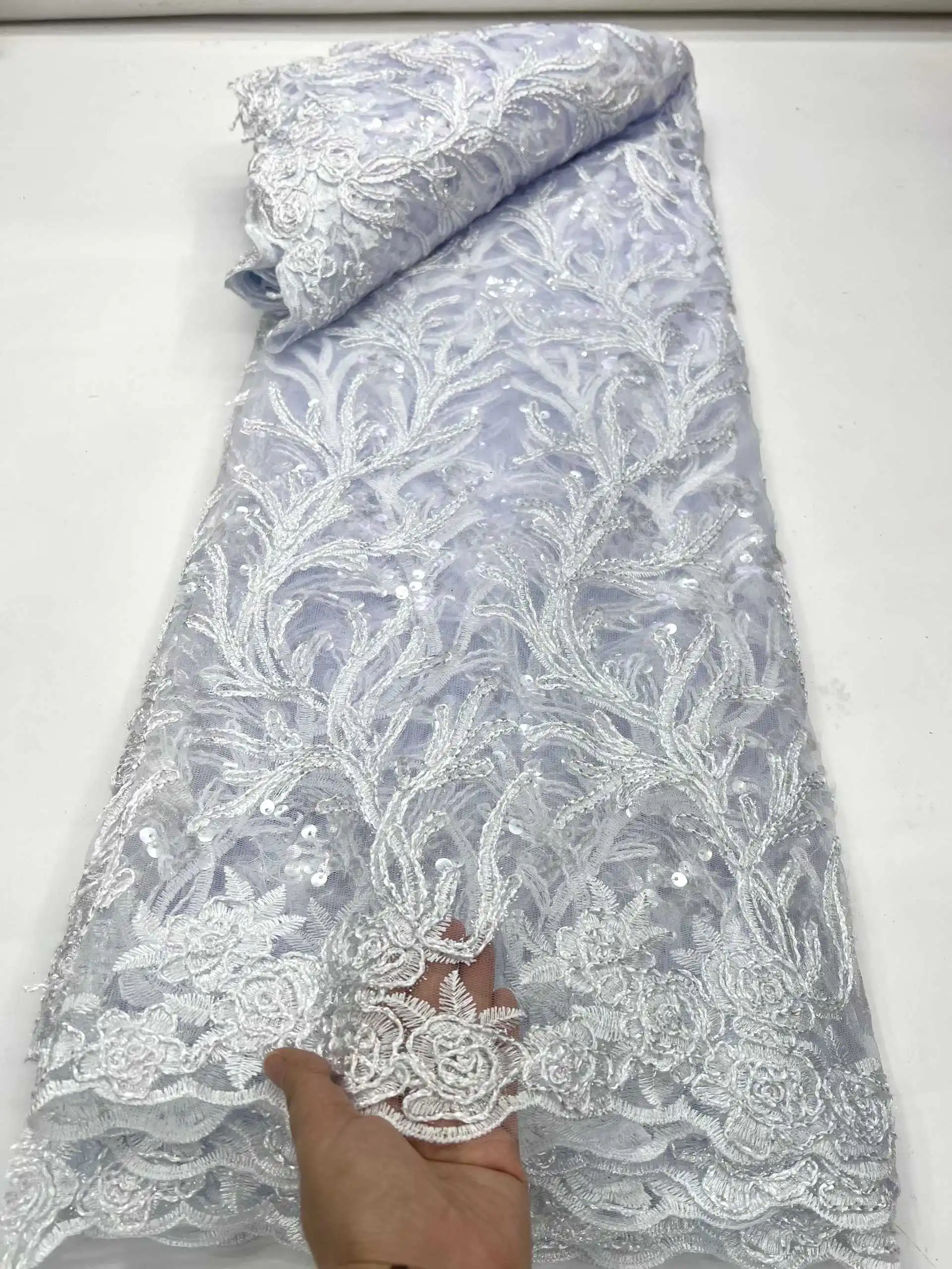 

2025 Nigerian Mesh Sequins Lace Fabric High Quality 5 Yards Tulle African Lace Fabric Luxury Party Dress for Women Sewing