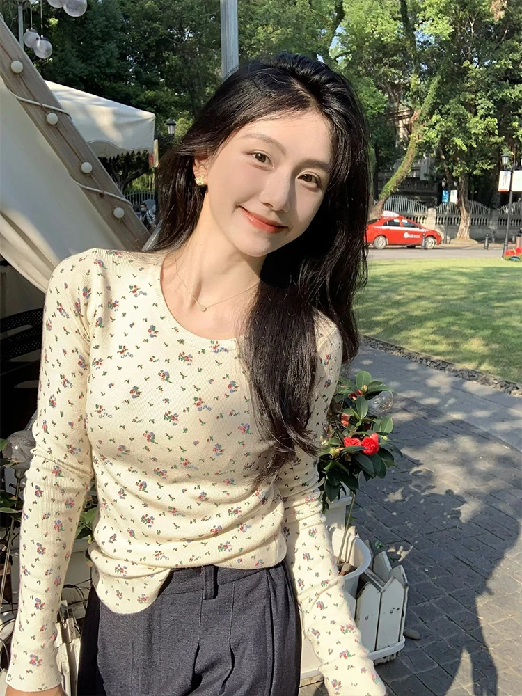 Sweet Floral De Women's Base irt Slim Fit Long Sve Inner Wear Waist Cinched Autumn Winter New Sle Ele T-irt