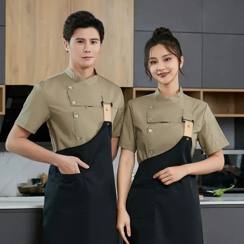 Men black Chef Coat Logo short Sleeve Chef Jacket Apron for Summer Head Chef Uniform Restaurant Hotel Kitchen Cooking Clothes