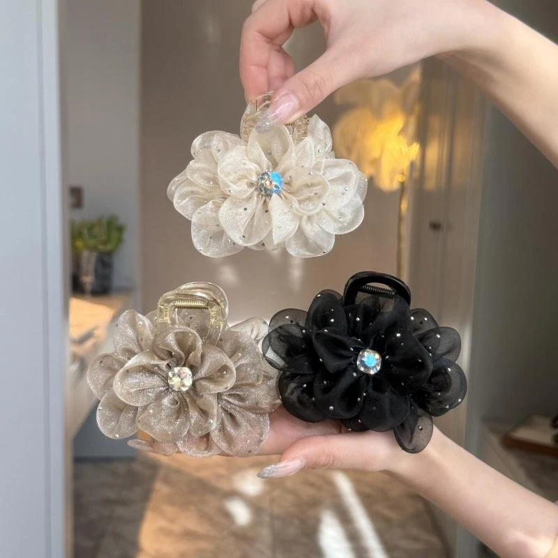 Fermaglio per capelli con strass per donna Elegante stile coreano Maglia Fiore Squalo Clip Moda Ragazza Coda di cavallo Morsetto per capelli