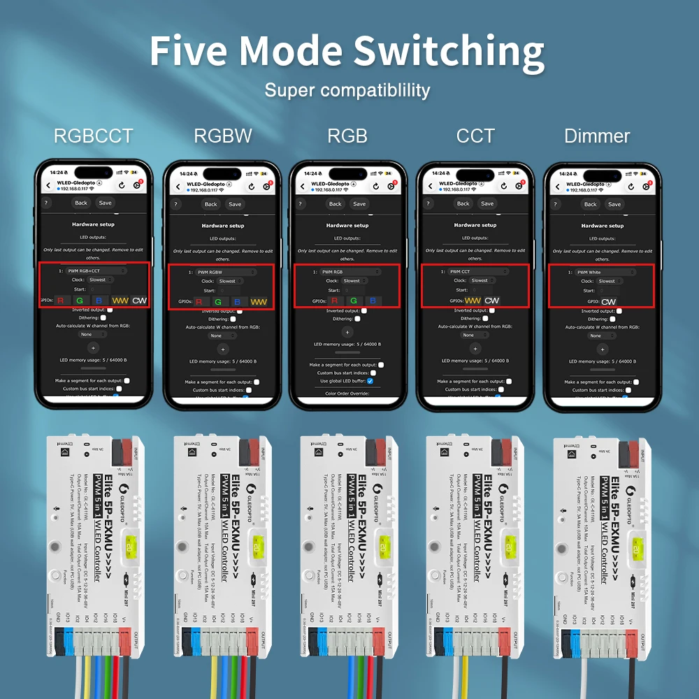 GLEDOPTO PWM 5-in-1 WLED Controller DC 5-48V 15A WiFi+Ethernet Work with Alexa &  MQTT