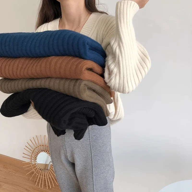 Retro Pit Stripe Knitted Sweater Women Autumn Winter Korean Simple Plain V-Neck Pullover Sweater Commute Versatile Clothes Woman