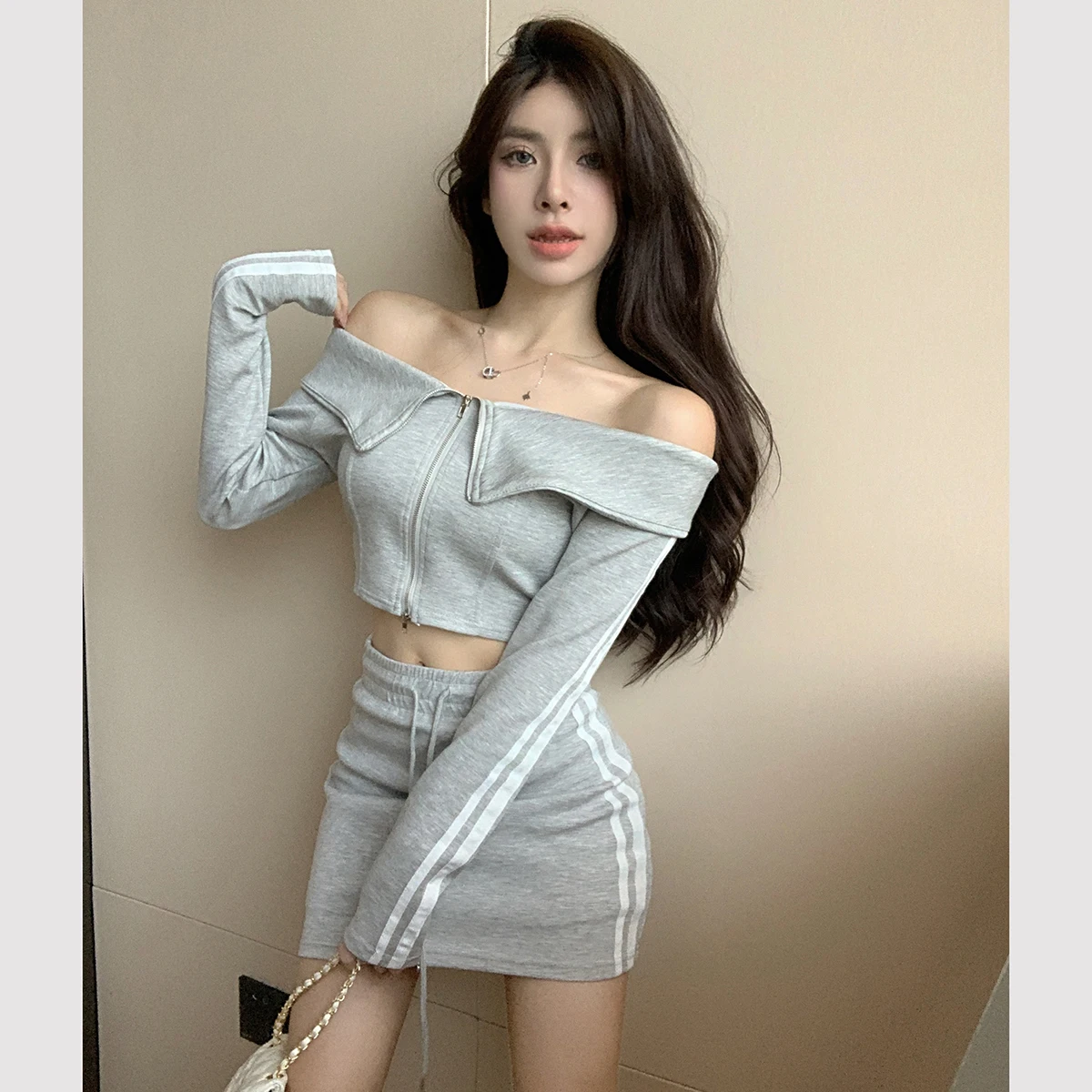 

Casual College Sle Two-Piece Set Dstring Versatile oulder Length ort Skirt for Trendy Women Autumn New Arrival