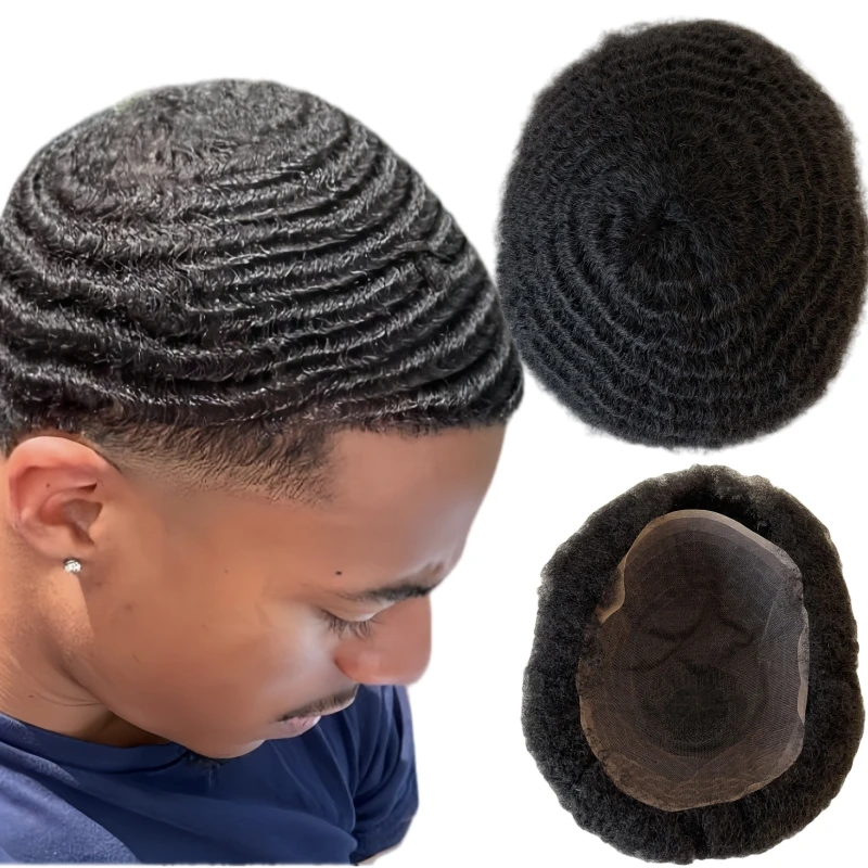

Indian Virgin Human Hair Pieces Black Color #1Jet Black 8mm Wave Toupee 8x10 Lace Unit for Black Men