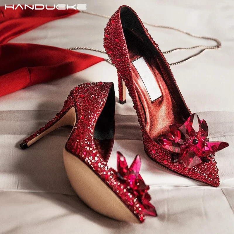 

Red Crystal Covered Pointy Toe Pumps Luxury Rhinestone Cinderella Heels Wedding Shoes Bridal Stiletto Heel Women Shoes