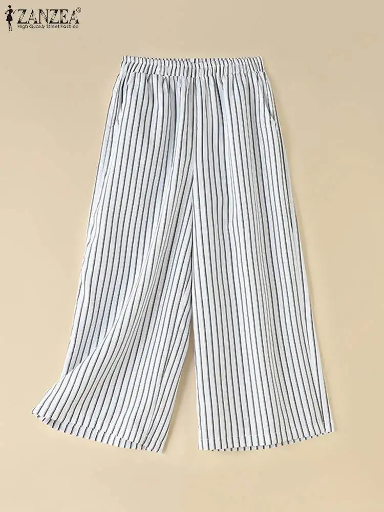 ZANZEA Vintage Elastic Waist Pants Korean Summer Straight Pants Women Striped Office Pantalon Causal Loose Wide Leg Trousers