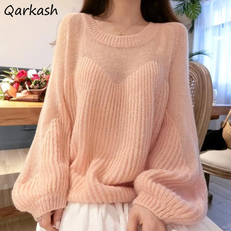 

Pullovers Women Chic O-neck Solid Knitted Sweaters Lantern Sleeve Lazy Trendy Perspective Thin Loose Gentle Fall Leisure Korean