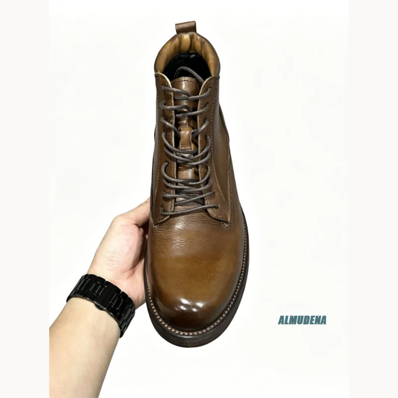 Brown Round Toe Lace-Up Ankle Boots Men's Block Heel Daily Office Casual Outdoor Street Style Fashion Business Shoes