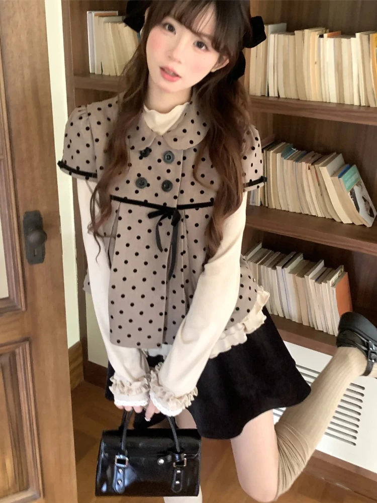 Vintage Elegant Polka Dot 3 Piece Set Women Puff Sleeve Bow Trim Ruffle Hem High Waist Velvet Mini Skirt Suit Korean Fashion