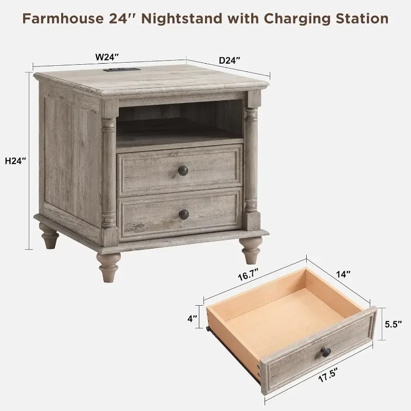 Farmhouse End Table W/4 Solid Wood Feet,Large 2 Drawers Wide Sofa Side Table with Charging Station,Rustic Wood Square Nightstand