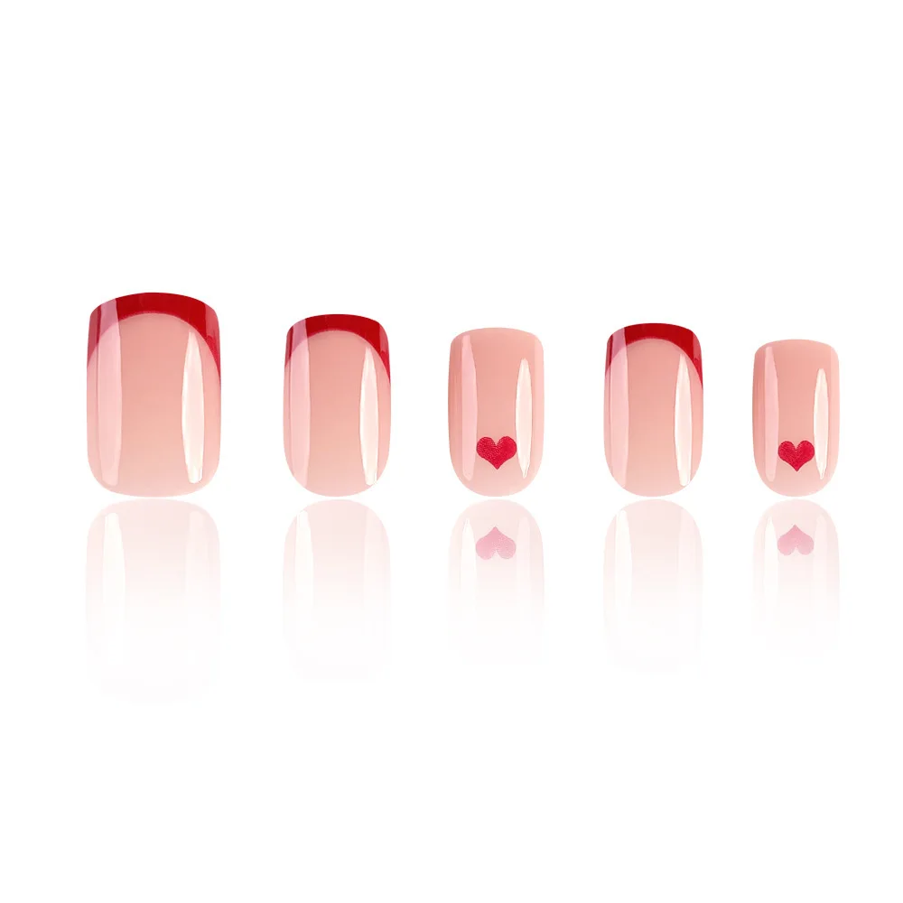 

Red French Tip Press Ons False Nails Acrylic Woman Fake Nail With Glue Sticker Short Square Shaped DIY Manicure Accessory