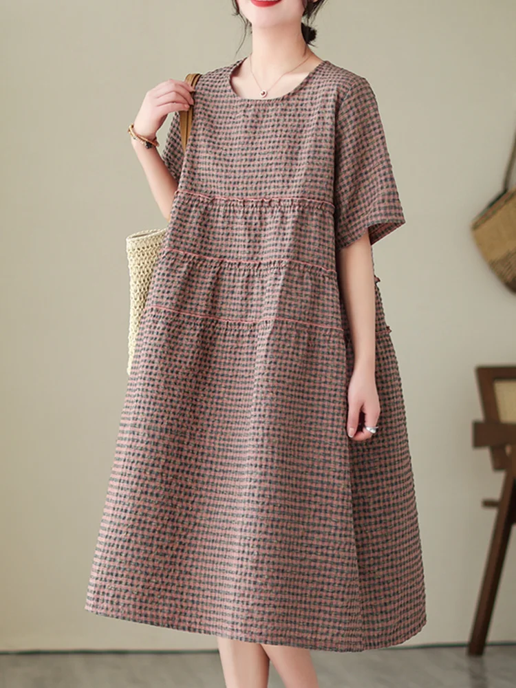 Nuevo 2023 vestido hoado de lino y aodón de talla ande para mujer, falda Midi acampanada a cuadros Vintage, cuello redo...