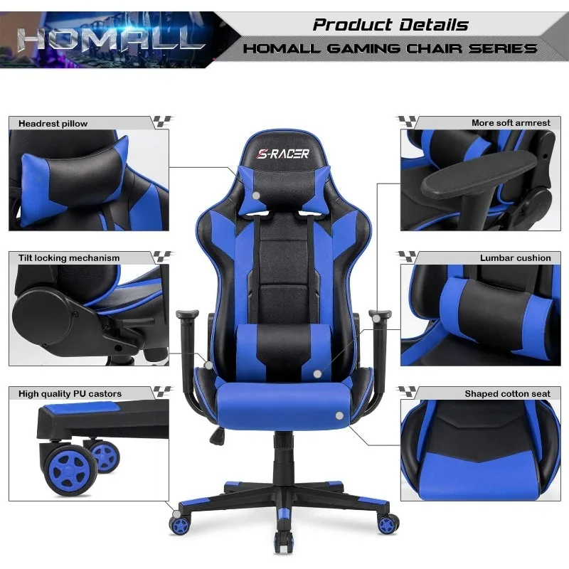 Homall Gaming Executive Ergonomic Adjustable Swivel Task Chair with Headrest and Lumbar Support (Blue)