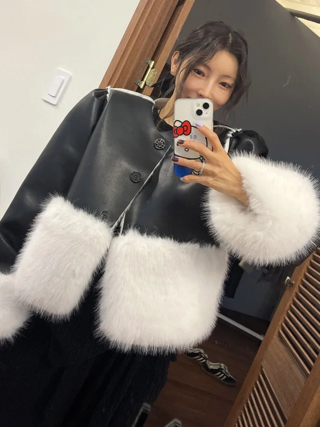 

Женское пальто Dongda Gate из высококачественной искусственной кожи с имитацией меха, теплая верхняя одежда с круглым вырезом и имитацией меха, модель Princ Sve