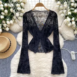 Basics Long Sleeve Elegant V-neck Chic Hollow Out Bandage Flocking Mesh Slim Cardigan Top High Street Autumn Sexy Women T-Shirts