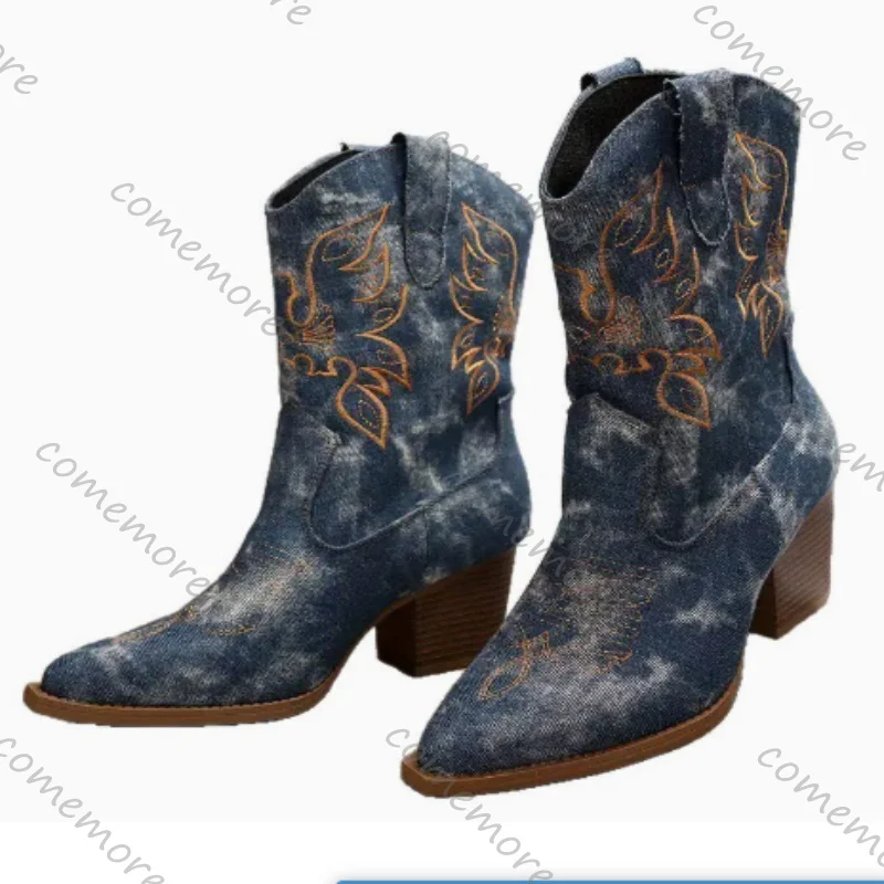 Comemore Pointed Head Ankle Boots for Women Autumn Winter Casual High Heels Fashion Western Solid Color Botines Female Shoes