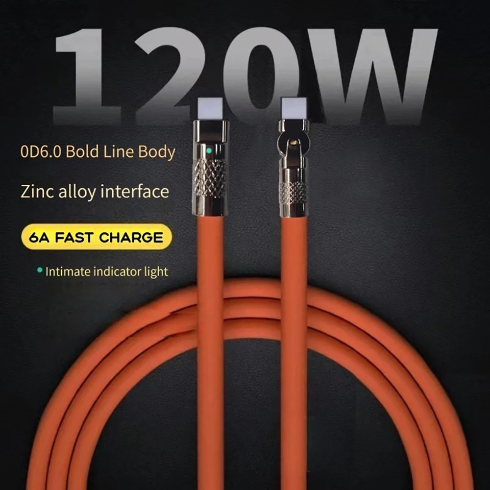 Silikon Typ-C Datenkabel 120W 6A Superschnelles Laden Typ C 180 °   Drehbares USB-Kabel 1M 2M für iPhone USB-C Ladekabel