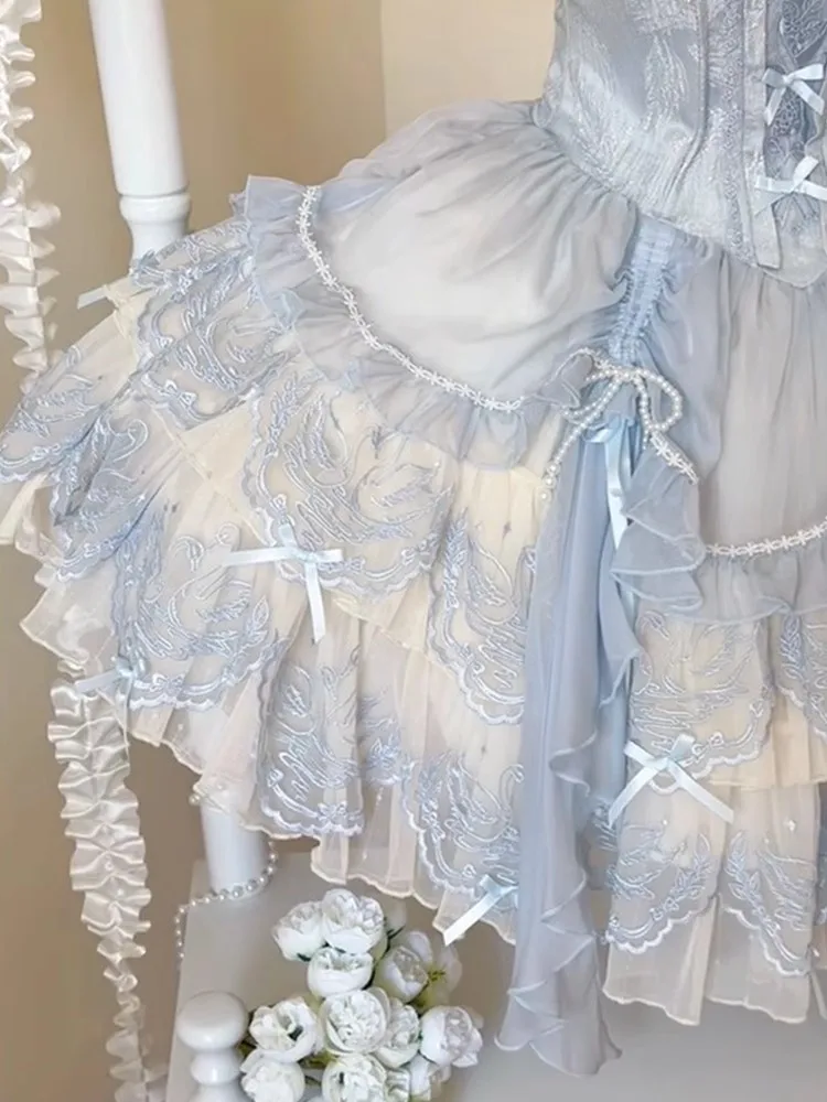 

A cute sweet and elegant puffy skirt with blue ballet-style embroidery