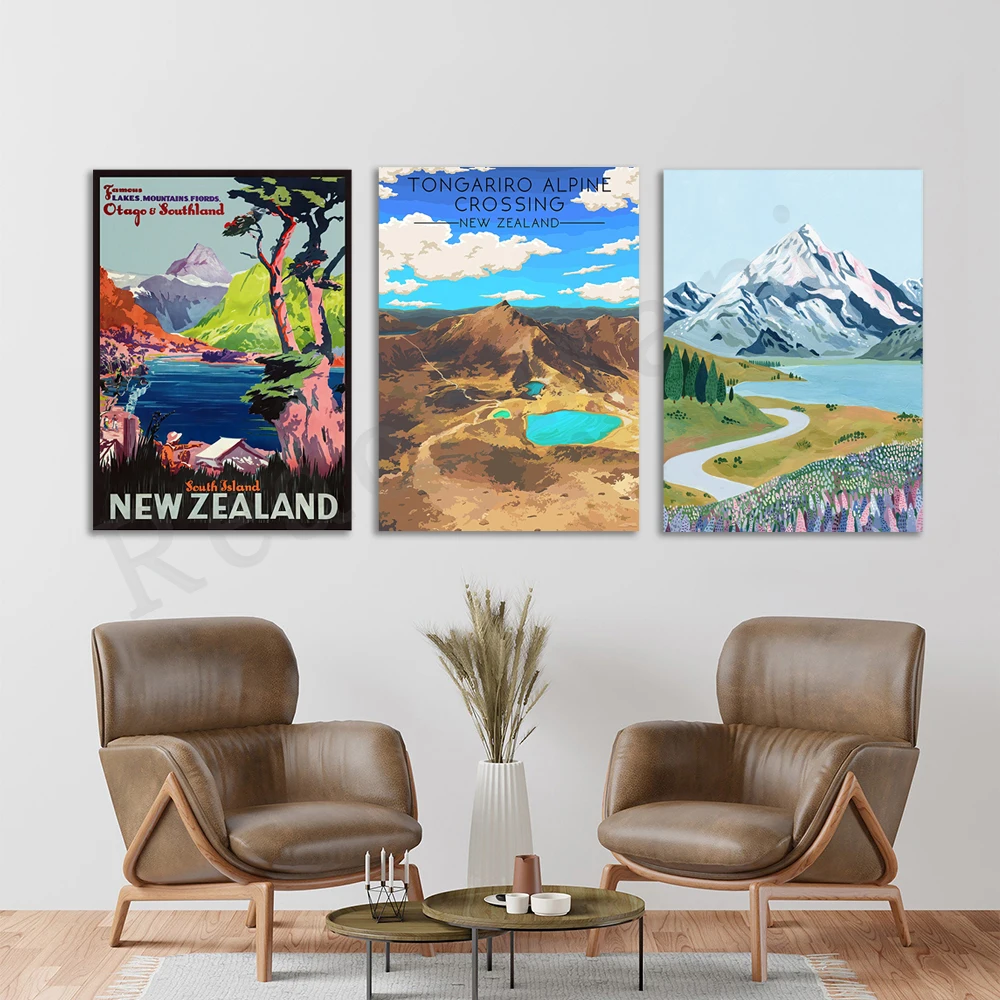 South Island, Aoraki Mount Cook, Lake Pukaki, Tongariro Alpine Crossing Loshan Lake, North Island, New Zealand travel poster