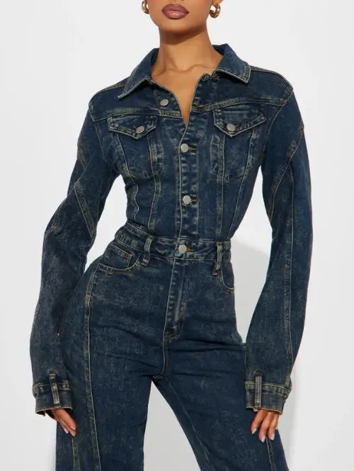 

Loose Elastic Stir-Fried Flower Washed Long Sleeved Patchwork Denim Jumpsuit for Women Comfortable Fit High Waist Overalls
