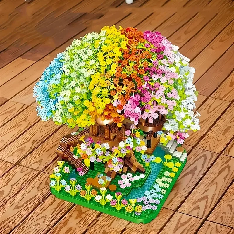 2030-teiliges Fantasy-Sakura-Baumhaus-Mini-Bausteine-Set – buntes kreatives Ausstellungsmodell mit hellen Blumen und grünen Blättern