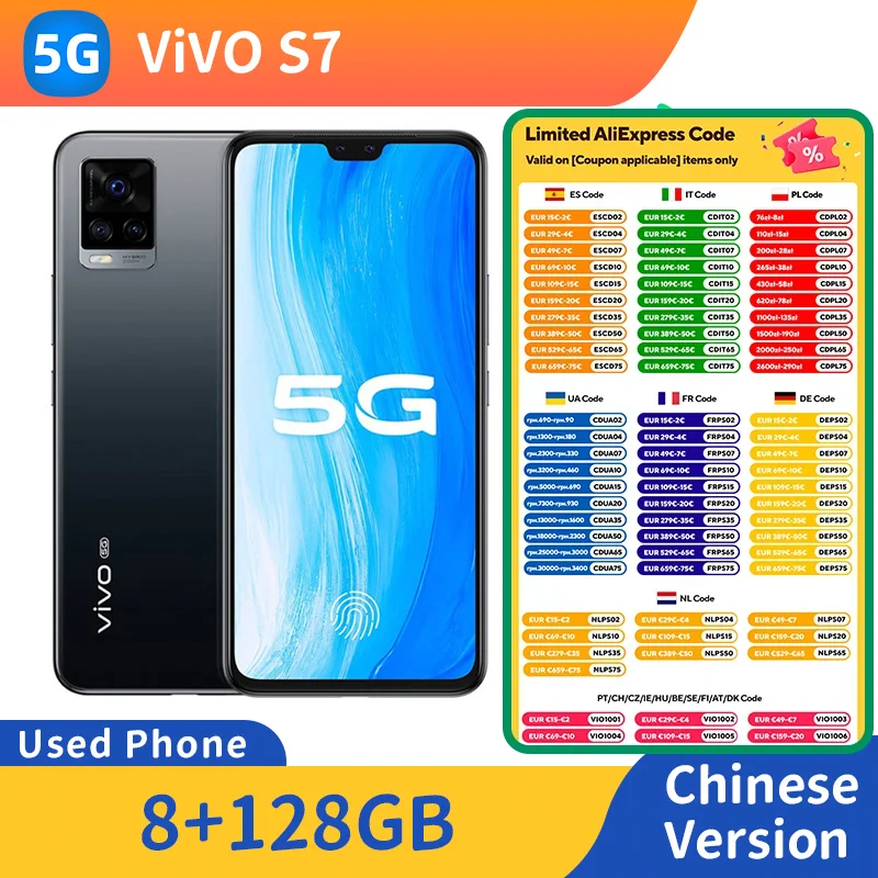 Vivo S7 5G Android CPU Snapdragon 765G شاشة 6.4 بوصة ROM 128GB 64.0MP كاميرا 4000mAh 33W شحن هاتف مستعمل أصلي
