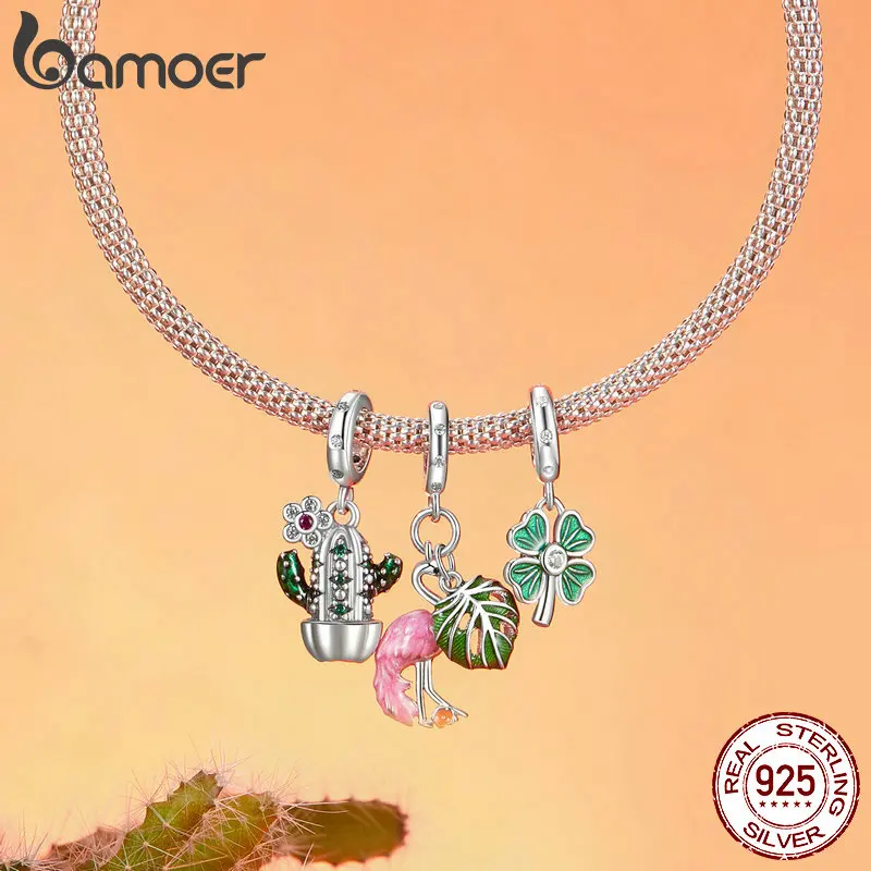 BAMOER 925 Sterling Silver Four-leaf Clover Charms Beads with Green Enamel fit European Bracelets DIY Mango/Cactus/Flamingo