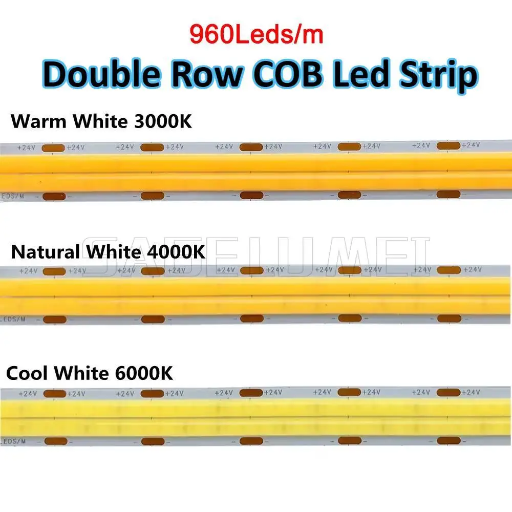 

Super Bright Double Row COB LED Strip Light 960 LEDs/m DC24V 12mm 28W/M High-Density Single Color Lighting with No Dark Zones