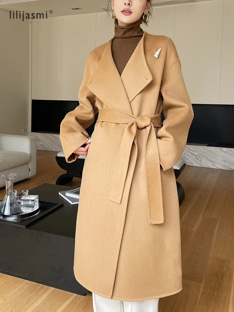 Dual Purpose Collar Wool Coat Horn Button Women 100% Wool Overcoat Double-Layers Autumn Winter Long Jacket Thick Trench Coat #23