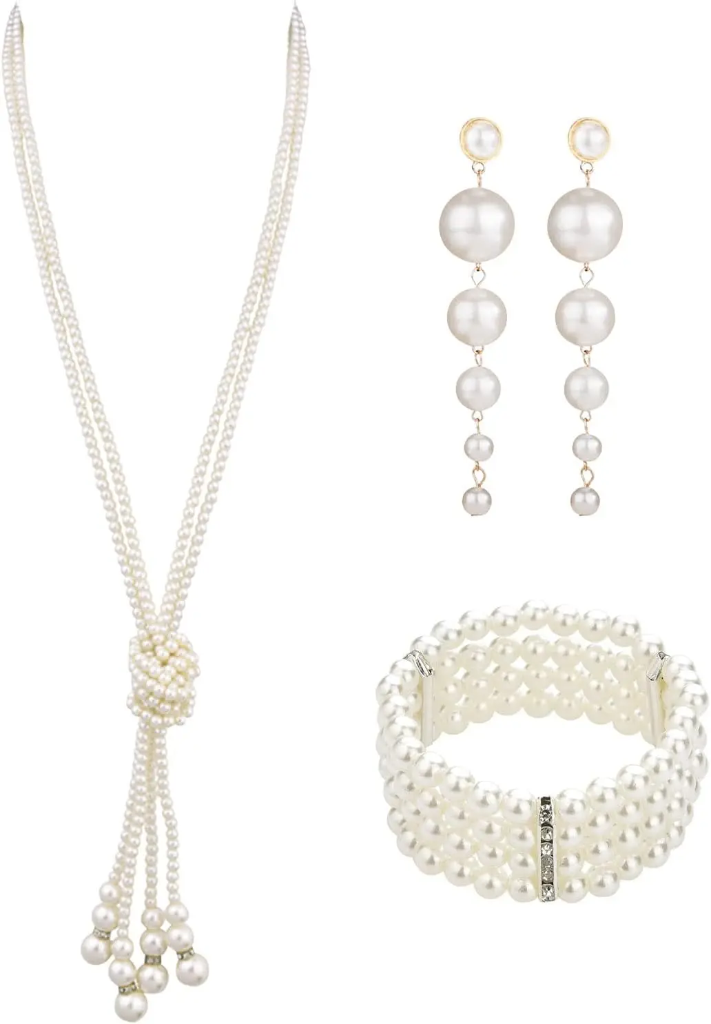 

3 Piece Faux Pearl Set: 1920s Themed Dangle Earrings, Stretch Pearl Bracelet & Necklace for Weddings & Festivals