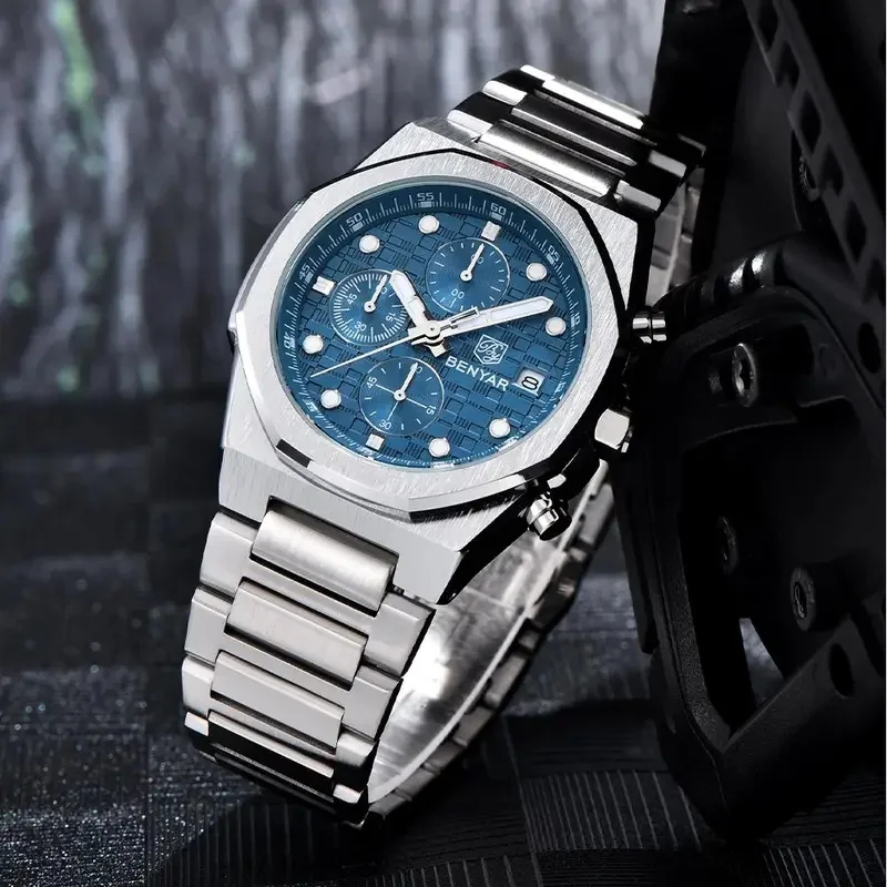 BENYAR Latest Men's Watches quartz Automatic Multifunction Watch Men Stainless Steel Waterproof Business Luminous Clockes
