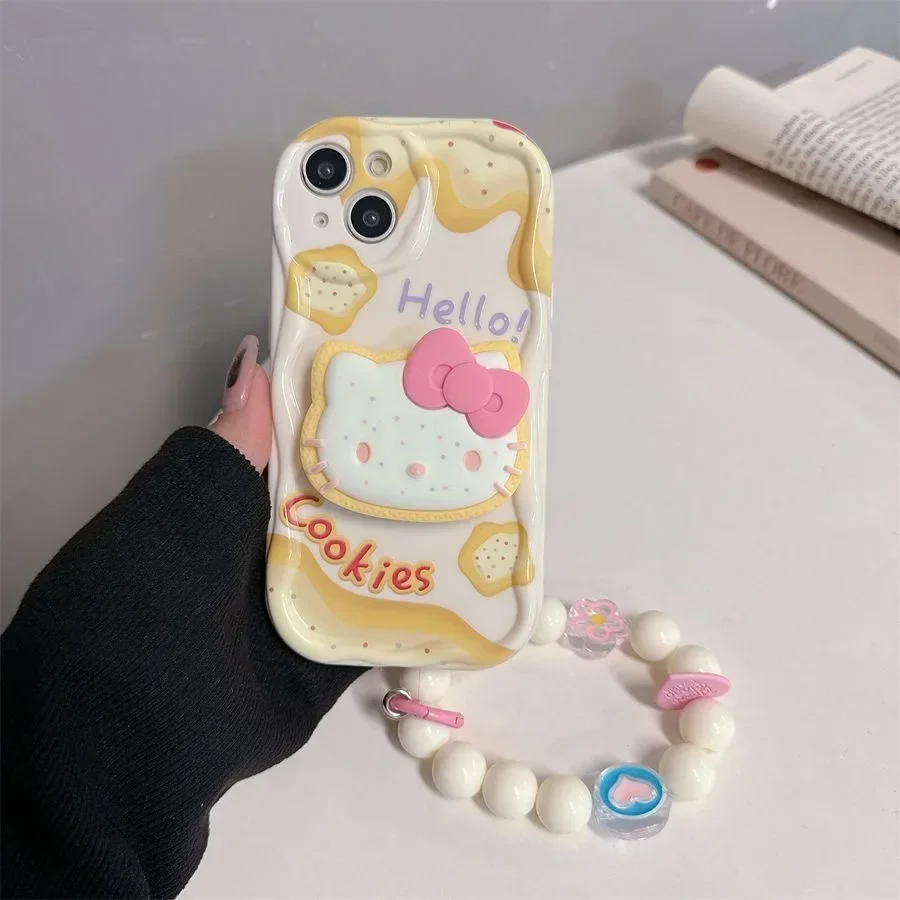 Cheese HelloKitty 3D Wave Bracket Bracelet Case for Xiaomi Redmi 13C 12 12C 10 10C 9 9C A1 A2 K50 K40 Note Pro Plus 4G 5G Cover