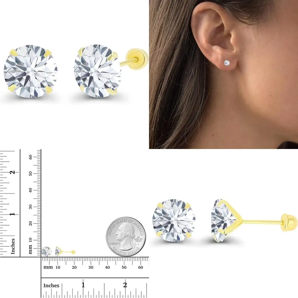 

Hypoallergenic 14k Yellow Gold AAA Cubic Zirconia Solitaire Earrings with Secure Screw Backs, 3-7mm Sizes
