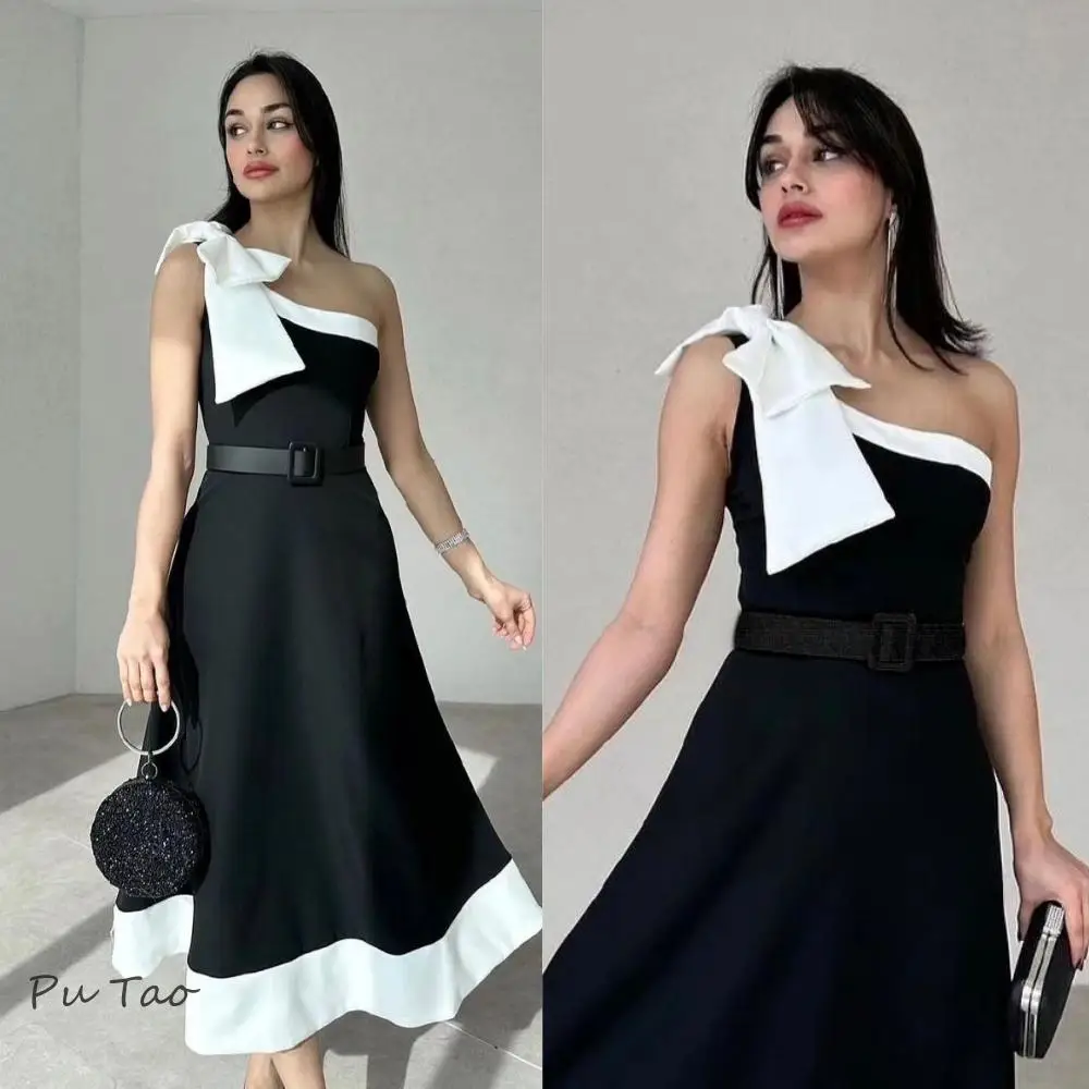 PuTao Satin Bow Prom Dress Sashes Cocktail Party Dress A-line One-shoulder Bespoke Formal Occasion Dress Women Ankle Length