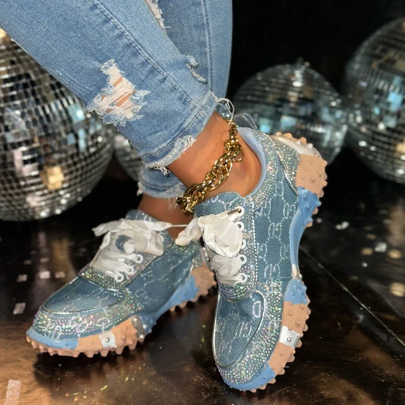 High-quality Thick-soled, Color-blocked Rhinestone, Fashionable, Versatile, Comfortable, Anti-slip and Breathable Women's Shoes