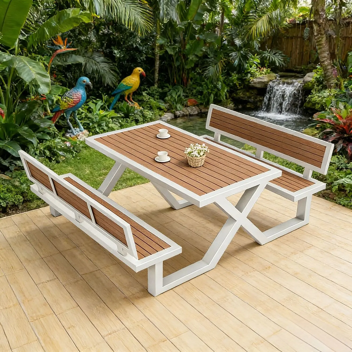 HYS integrated outdoor plastic wood tables and chairs garden outdoor open-air park commercial waterproof one-piece table leisure