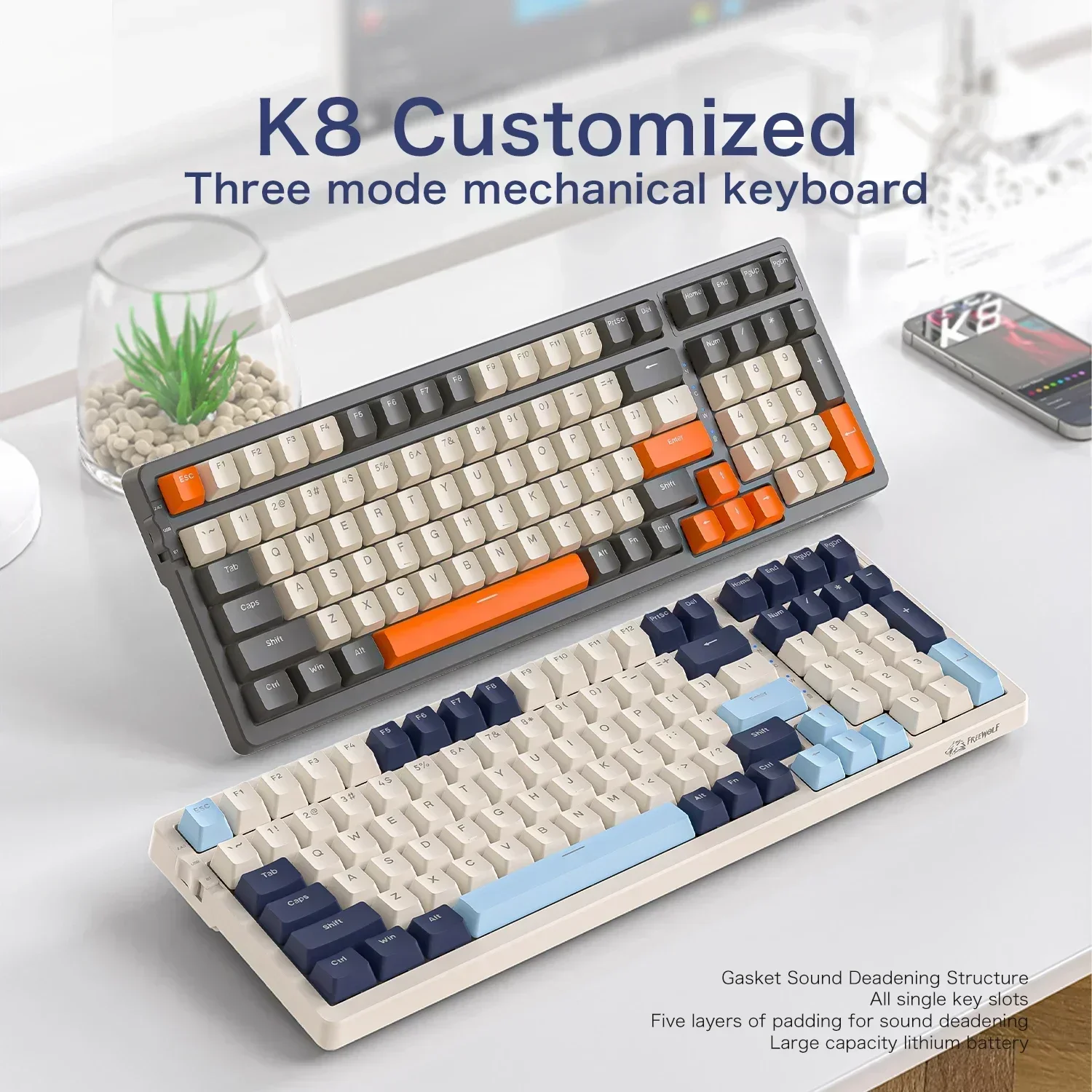K8 wireless mechanical game Bluetooth keyboard with 100 keys,  lighting effect, lfull key hot swappable,aptop desktop computer