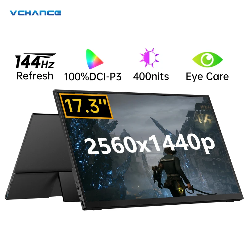 

Портативный монитор VCHANCE 17,3 ''144 Гц, 100% дюйма, 2560x1440p, 400 нит, HDR, игровой дисплей для ПК, ноутбука, телефона, переключателя PS5, Xbox, Mac