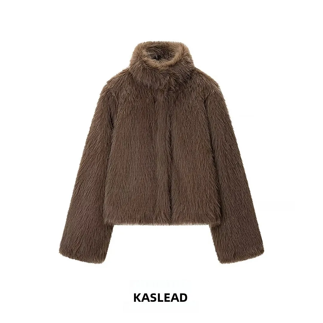 

KASLEAD New Faionable mat Versatile Basic Sle Stand Collar Fur Jaet Women's Street Sle Long Sve Polyester