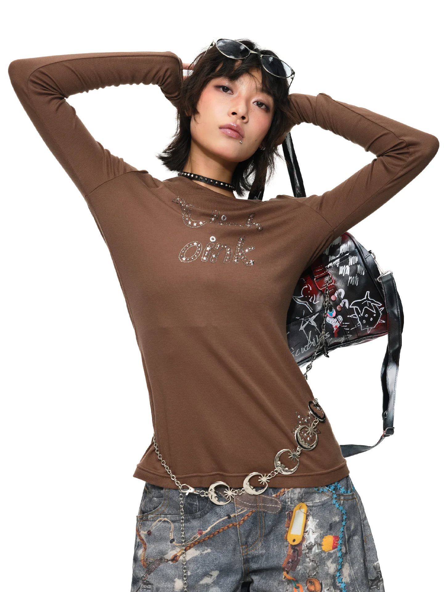 

Облегающая футболка с длинным рукавом и стразами, толстовка в стиле американского ретро, из шерстяной смеси, с круглым вырезом, для девушек