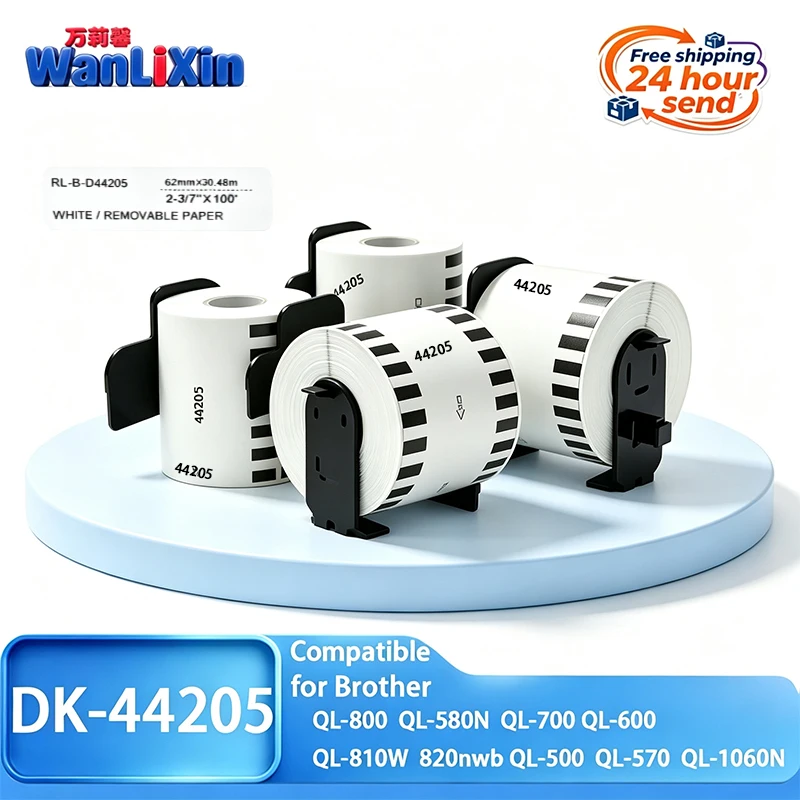 1/3/5 roll DK-44205 DK44205 44205 thermal label paper Black on white 62mmx30.48m Compatible For Brother QL-500 560 570 QL-800