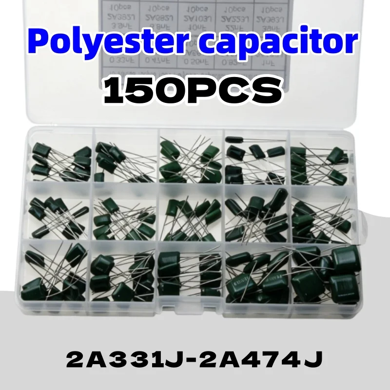 150Pcs 15 Values Polyester Film Capacitor Kit 2A331J 2A471J 2A102J 2A103J 2A223J 2A104J For DIY Soldering PCB Repair