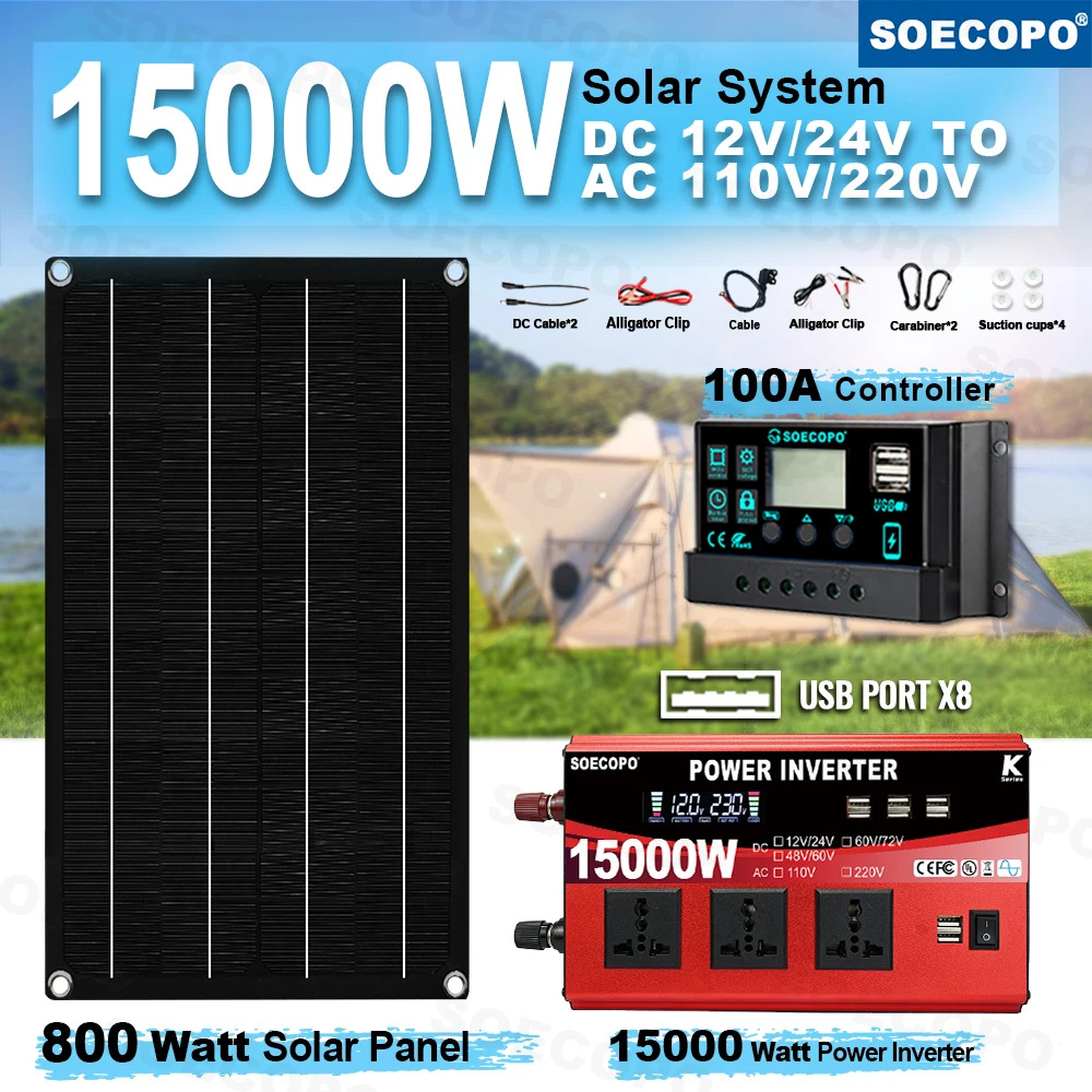 SOECOPO 15000W Portable Solar system Kit 800W Panel Dual - Voltage Input Inverter (3 Sockets 8 USBs) 100A Controller Camping