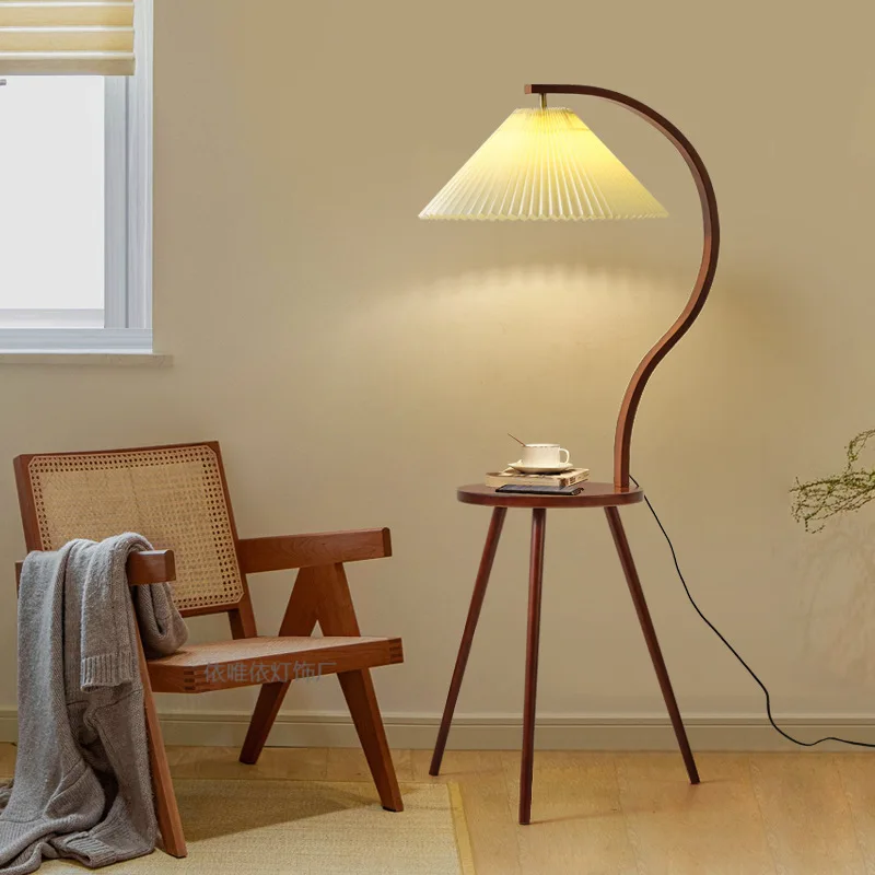 Retro solid wood online celebrity pleated floor lamp living room storage integrated table lamp bedroom antique tea table bedside